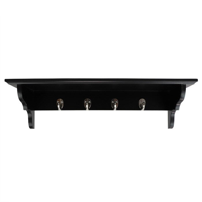 Wood Floating Shelf with Key Hooks, Black