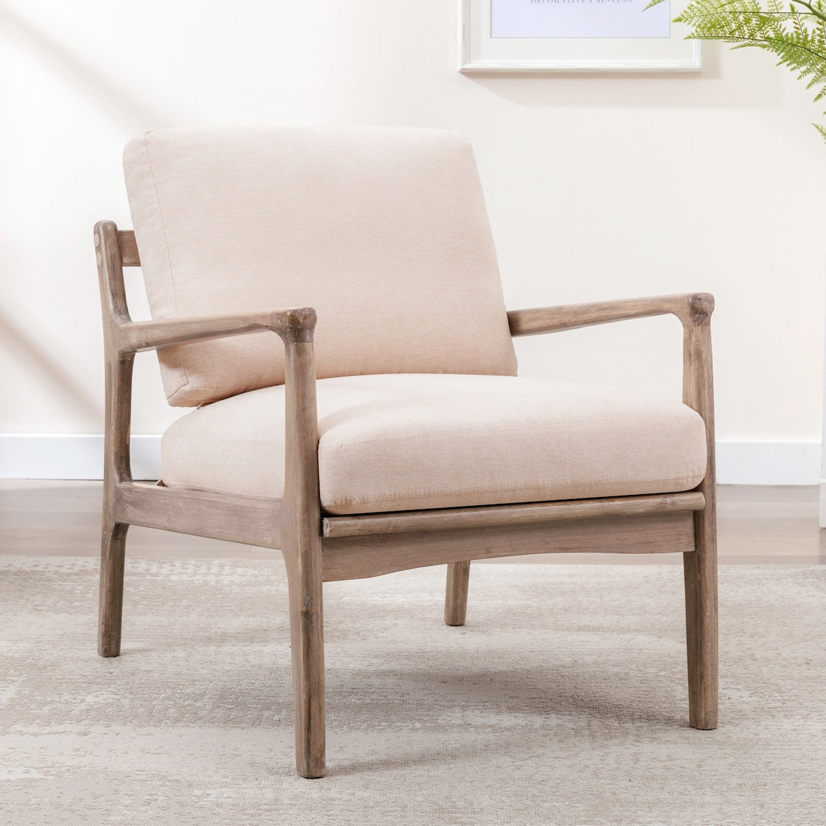 Wood Frame Armchair, Easy Assembly Mid Century Modern Accent Chair Lounge Chair for Living Room, Bedroom, Home Office