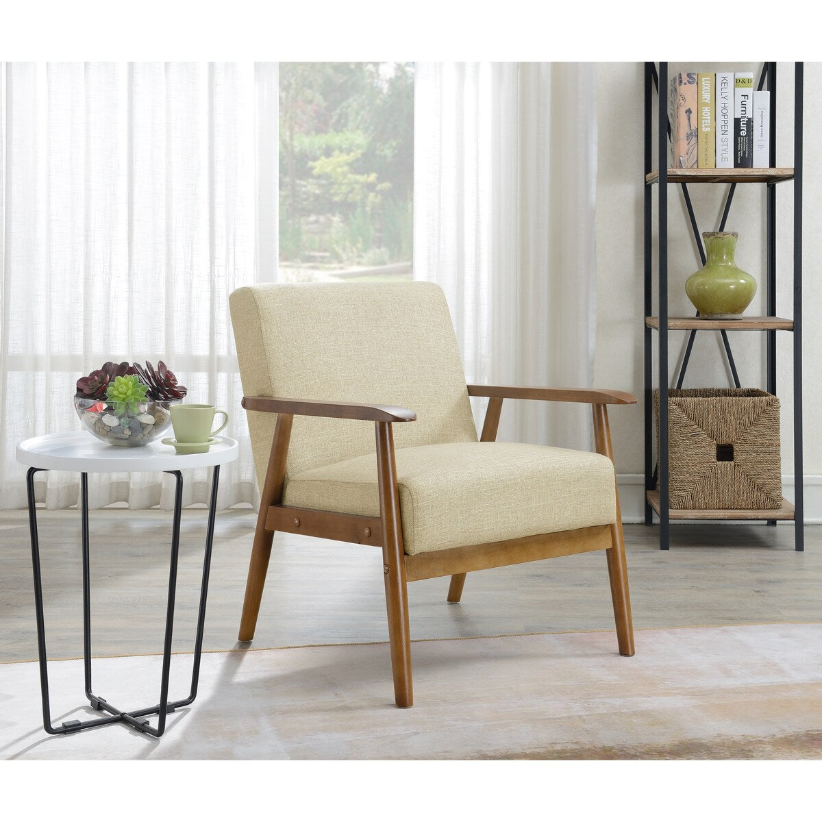 Wood Frame Mid-Century Modern Accent Chair in Soft Beige