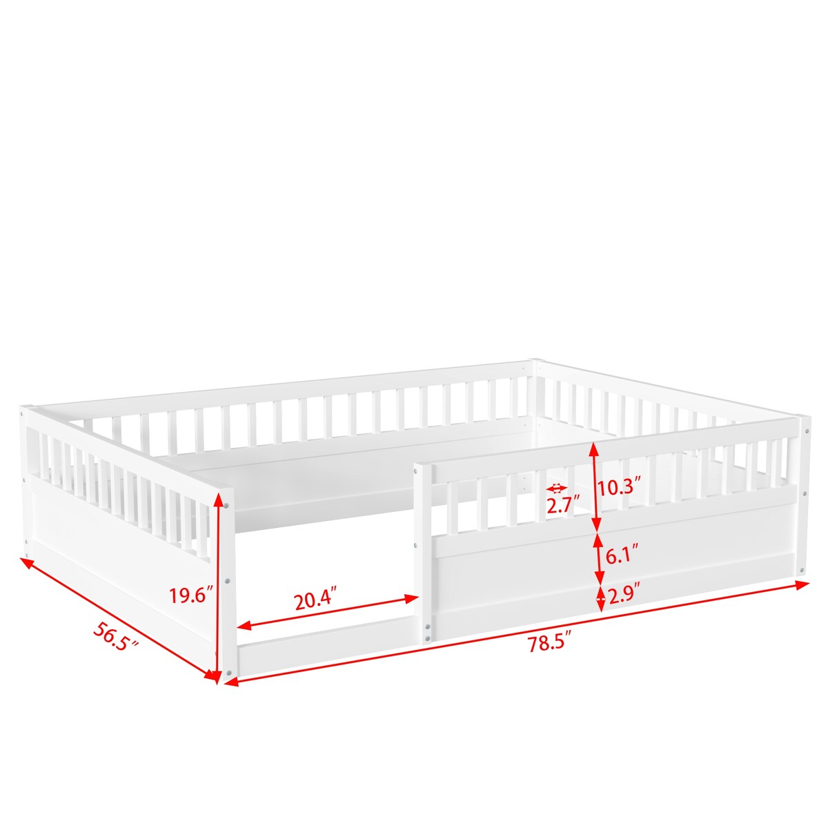 Wood Full Size Floor Bed Frame with Fence, Kids Beds Frame for Bedroom Playroom