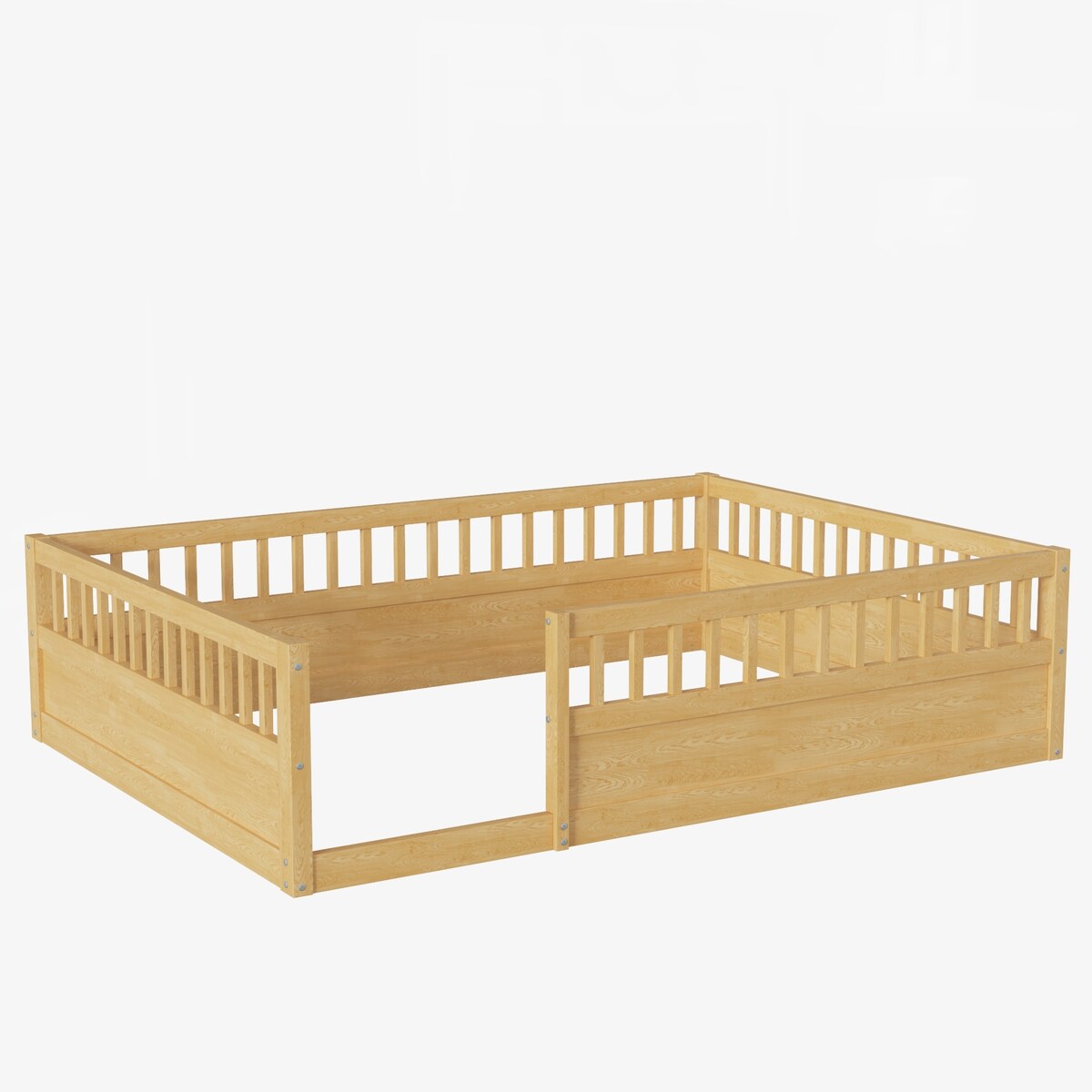 Wood Full Size Floor Bed Frame with Fence, Kids Beds Frame for Bedroom Playroom