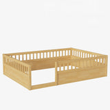 Wood Full Size Floor Bed Frame with Fence, Kids Beds Frame for Bedroom Playroom