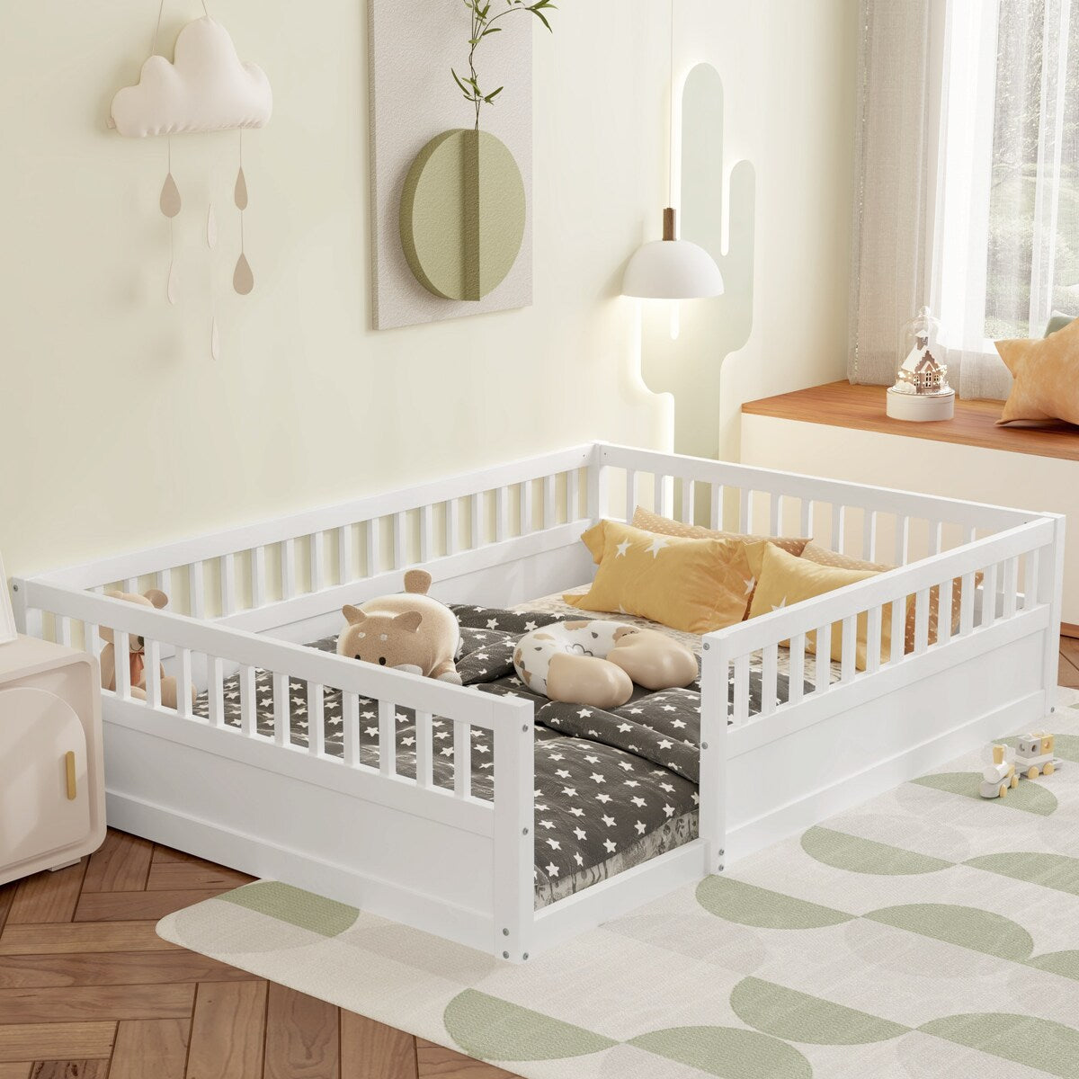 Wood Full Size Floor Bed Frame with Fence, Kids Beds Frame for Bedroom Playroom