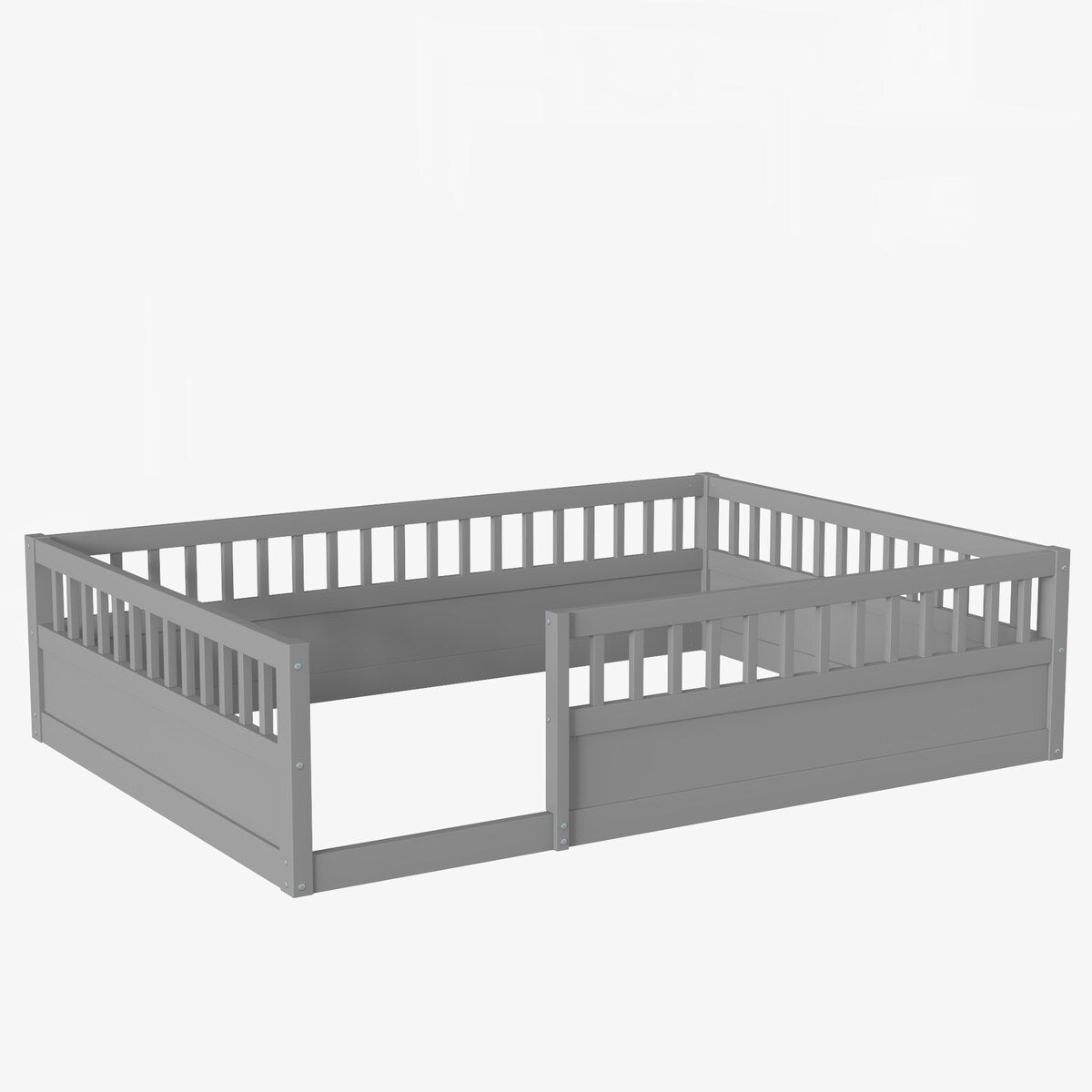 Wood Full Size Floor Bed Frame with Fence, Kids Beds Frame for Bedroom Playroom