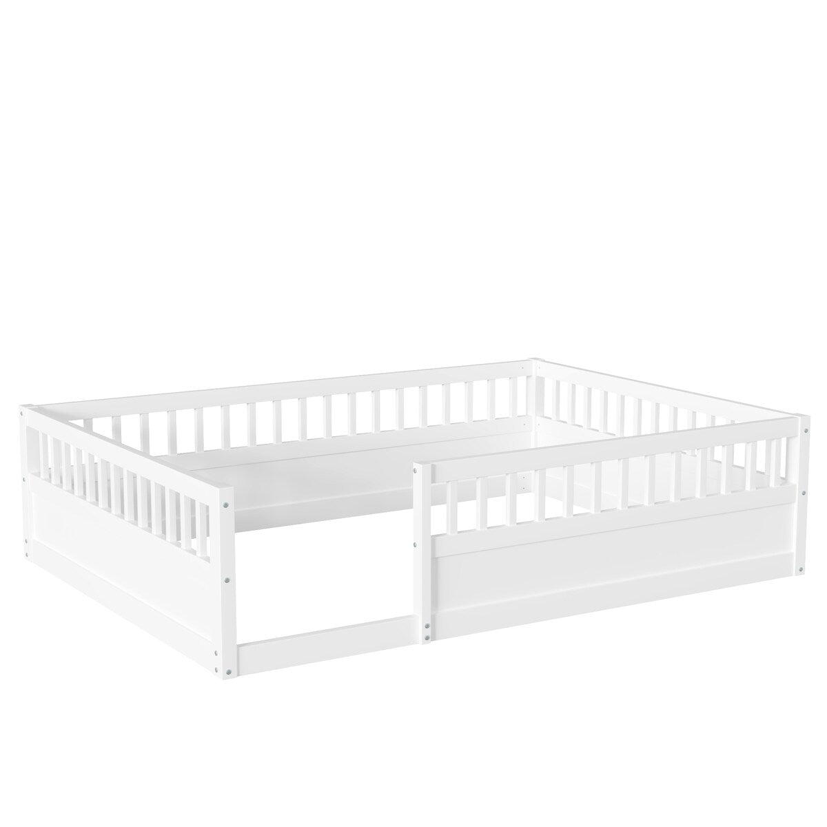 Wood Full Size Floor Bed Frame with Fence, Kids Beds Frame for Bedroom Playroom