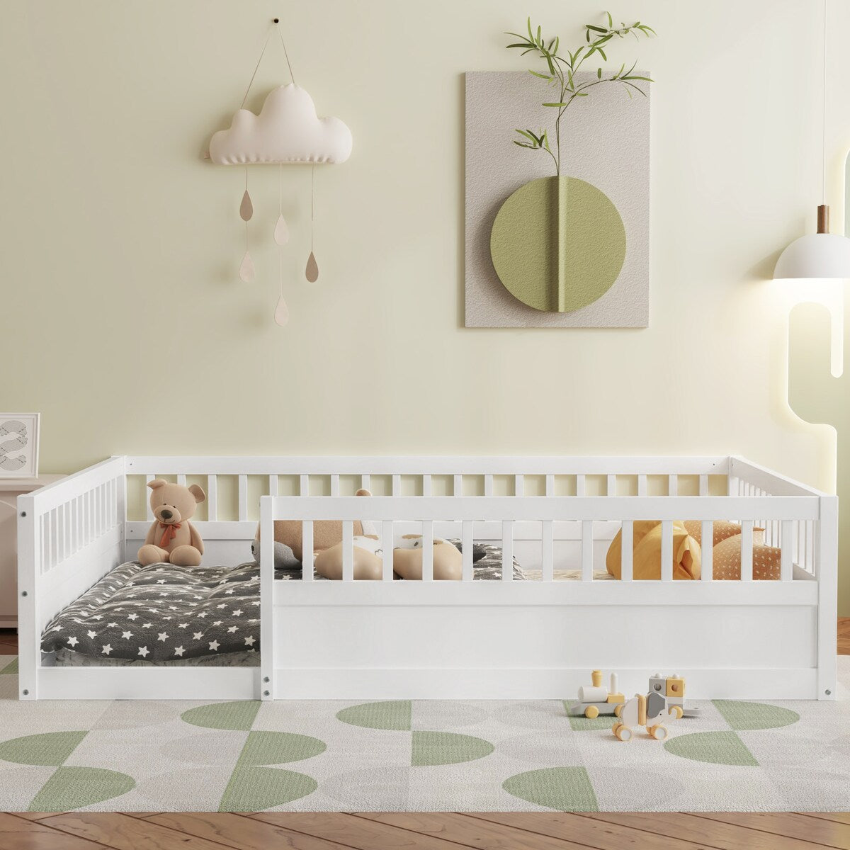 Wood Full Size Floor Bed Frame with Fence, Kids Beds Frame for Bedroom Playroom