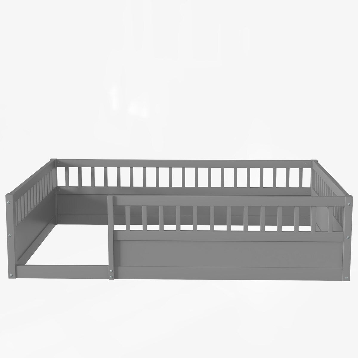 Wood Full Size Floor Bed Frame with Fence, Kids Beds Frame for Bedroom Playroom