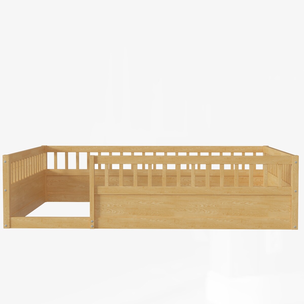 Wood Full Size Floor Bed Frame with Fence, Kids Beds Frame for Bedroom Playroom