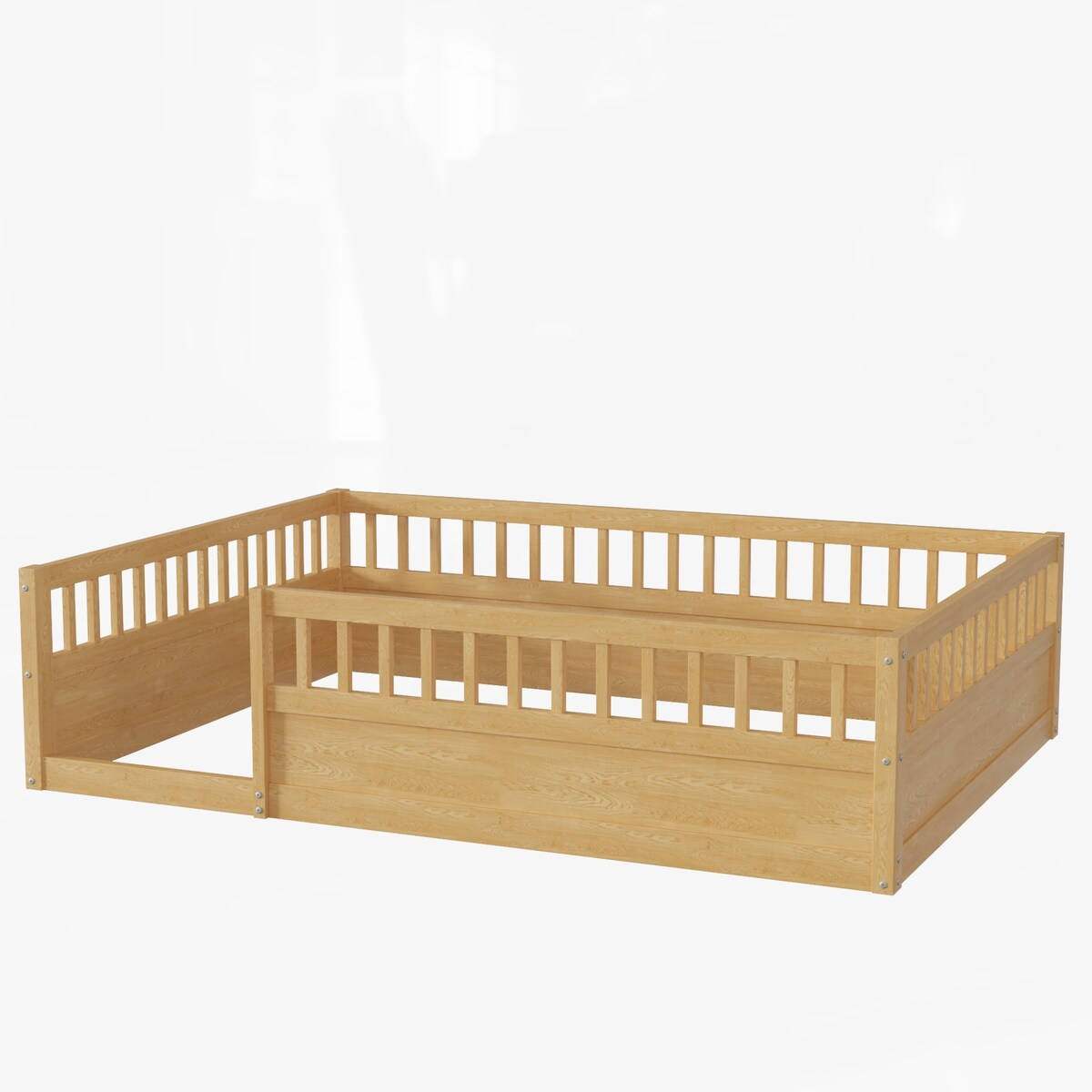 Wood Full Size Floor Bed Frame with Fence, Kids Beds Frame for Bedroom Playroom