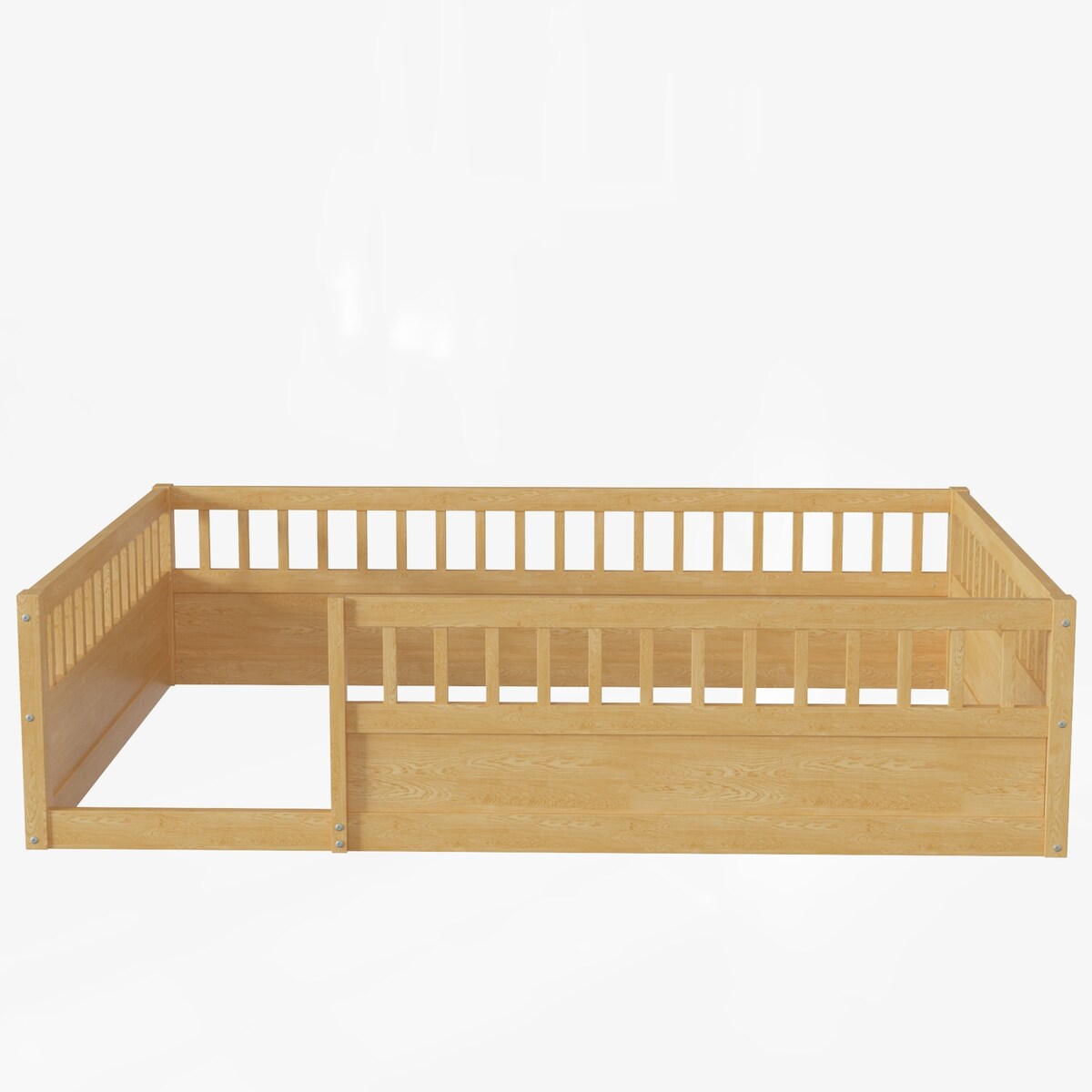 Wood Full Size Floor Bed Frame with Fence, Kids Beds Frame for Bedroom Playroom