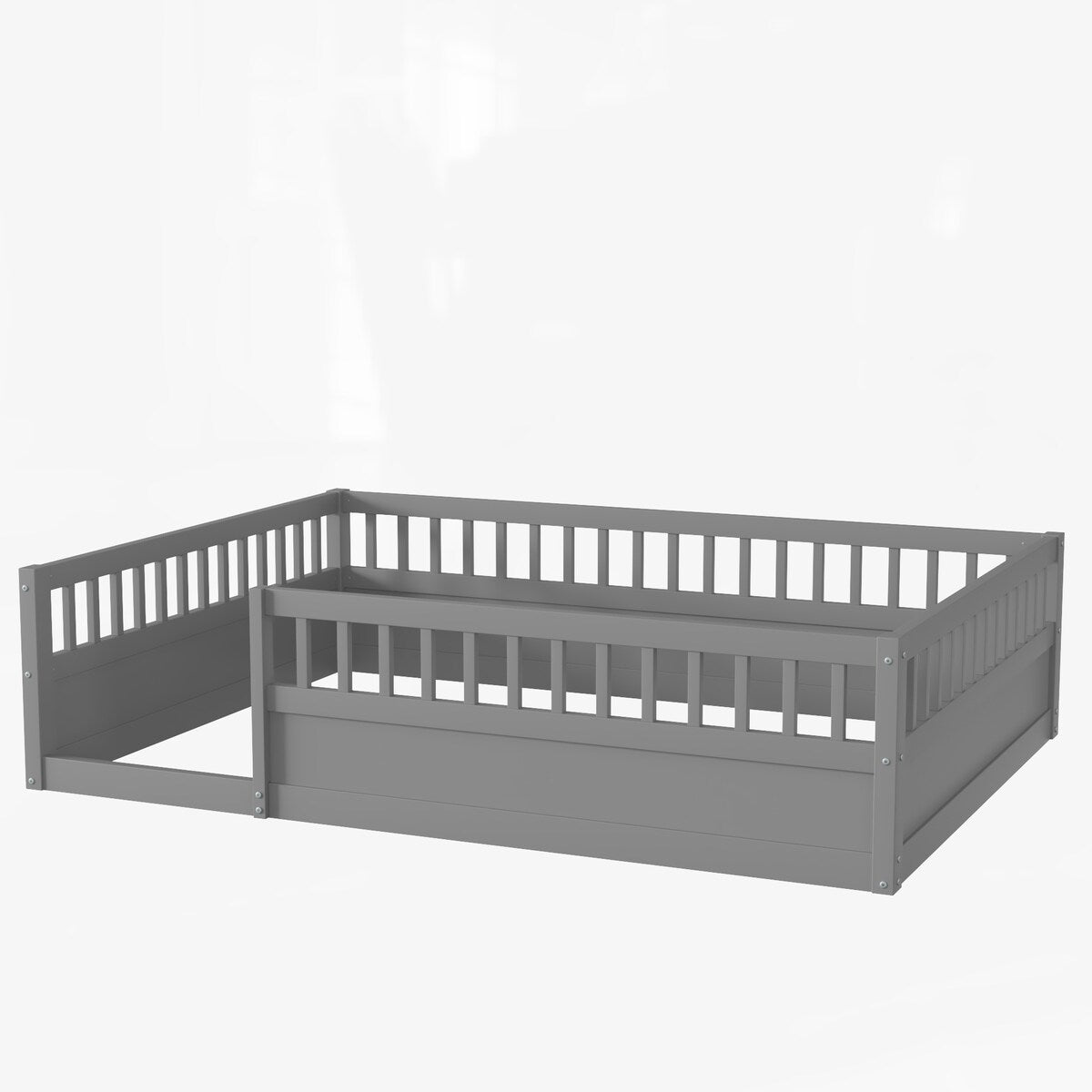 Wood Full Size Floor Bed Frame with Fence, Kids Beds Frame for Bedroom Playroom
