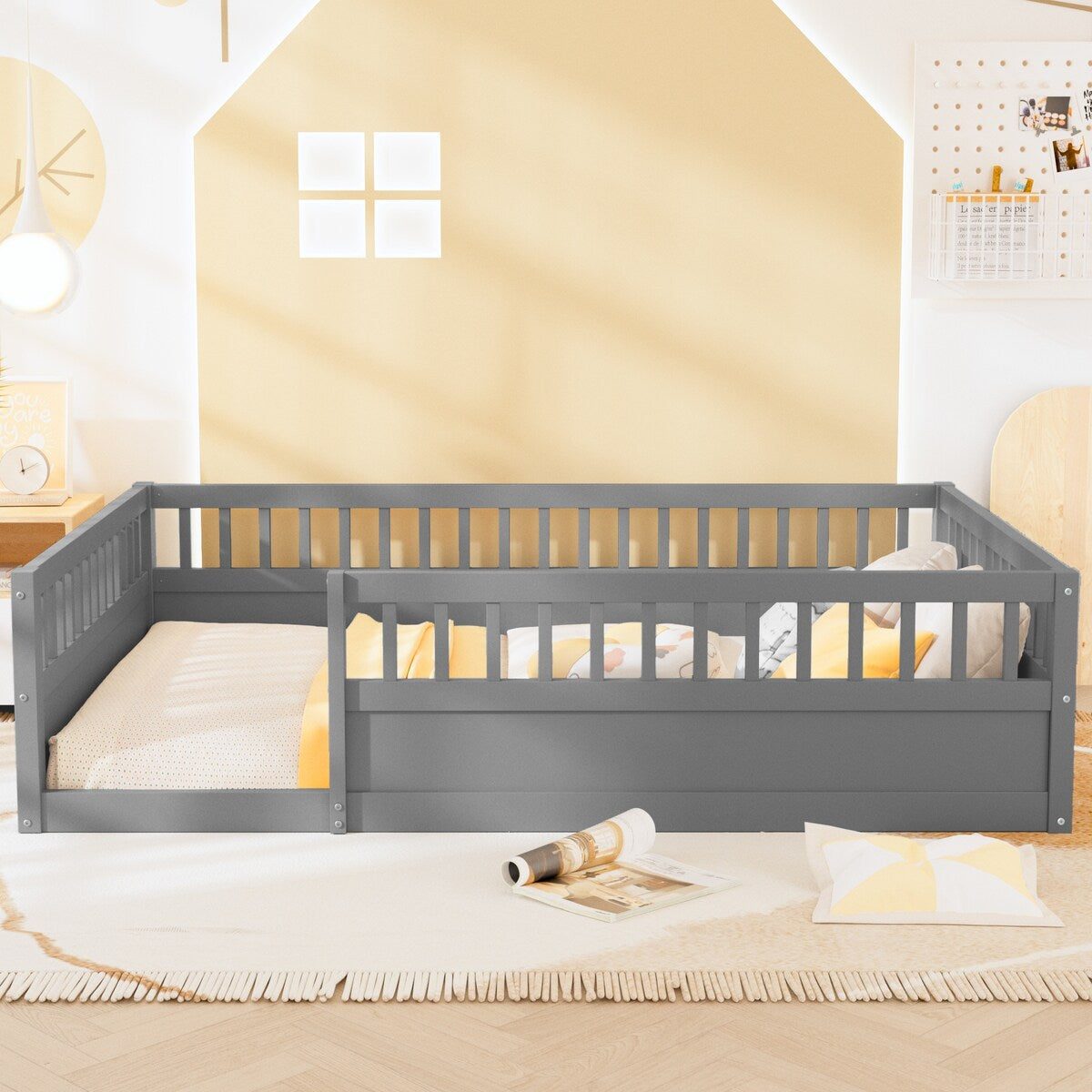 Wood Full Size Floor Bed Frame with Fence, Kids Beds Frame for Bedroom Playroom