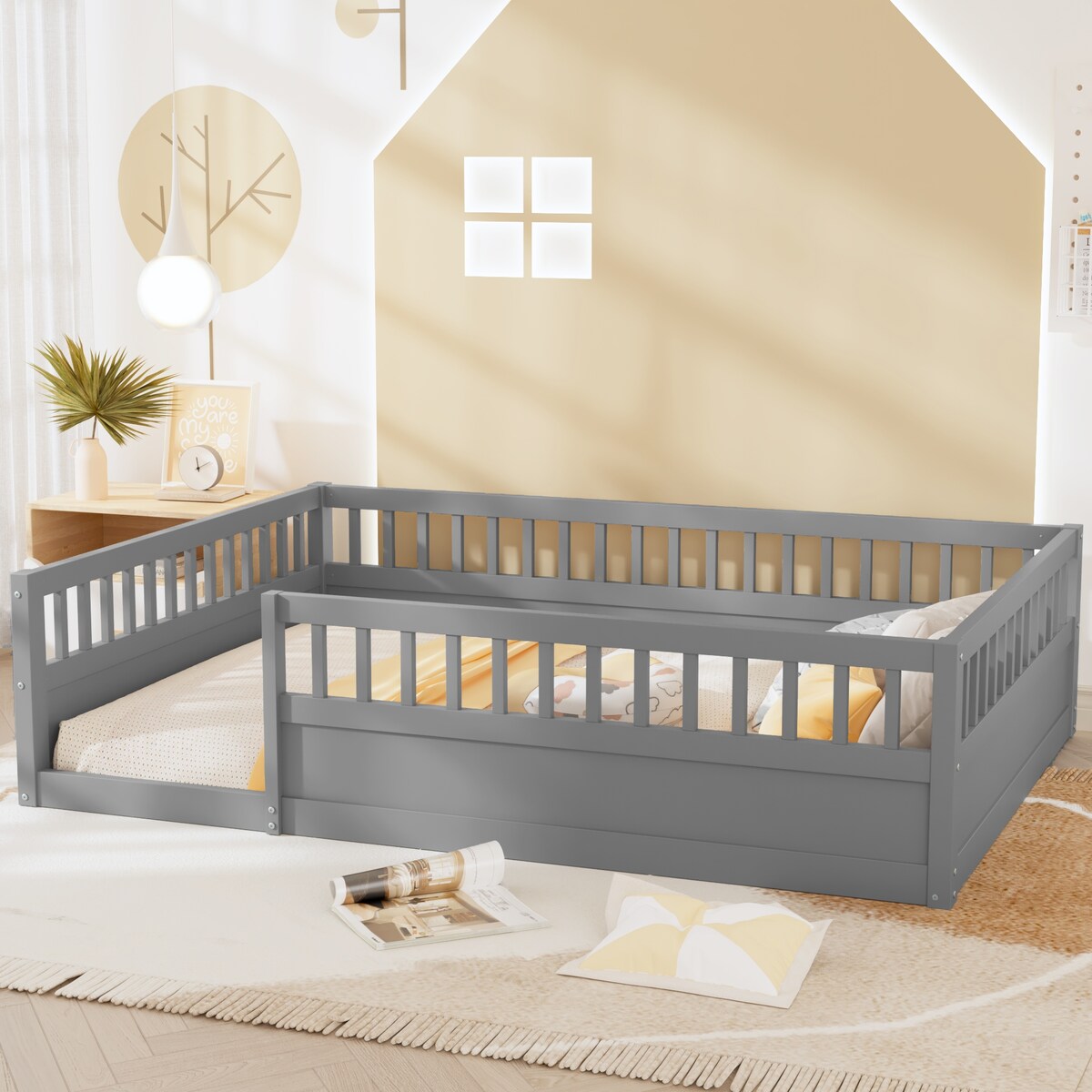 Wood Full Size Floor Bed Frame with Fence, Kids Beds Frame for Bedroom Playroom