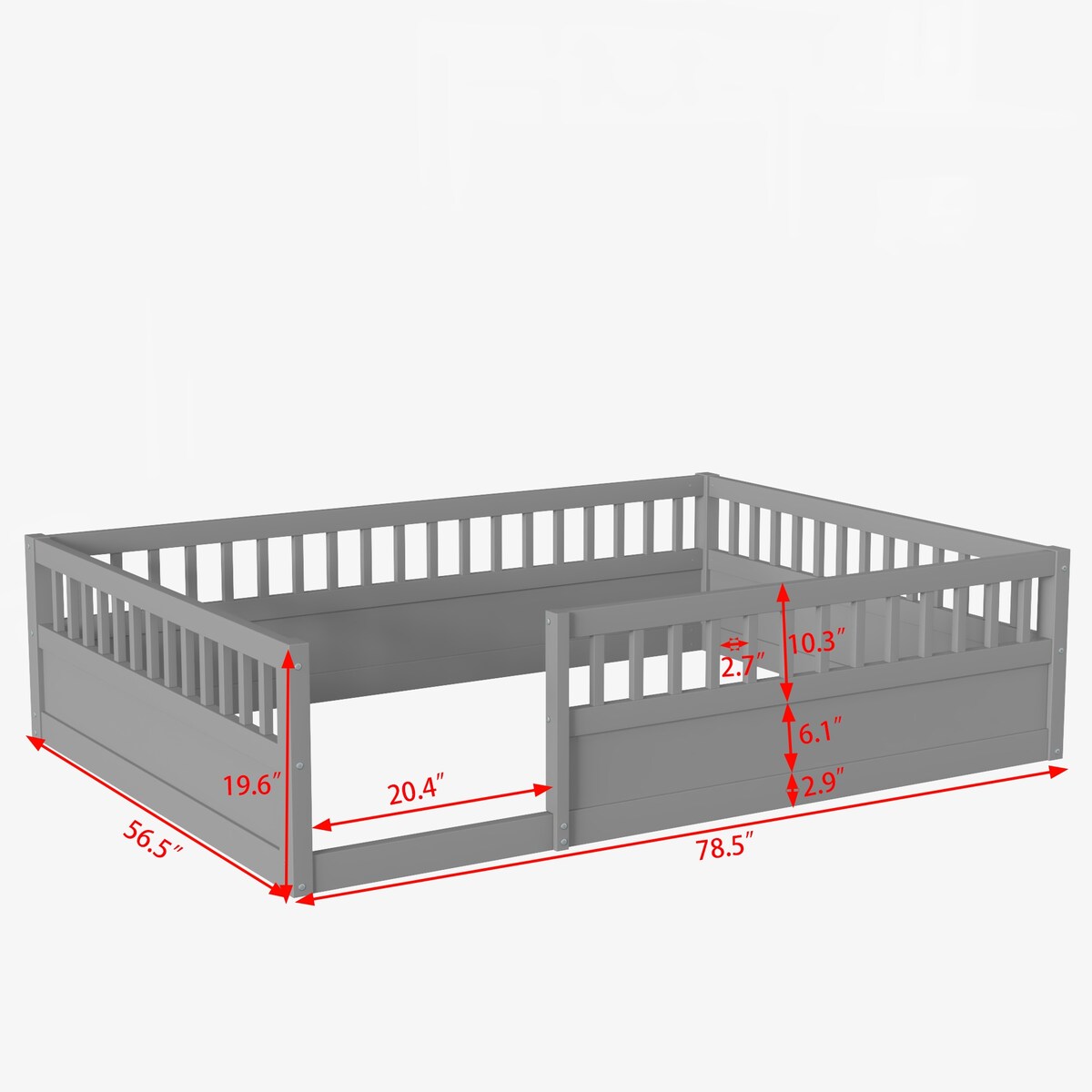 Wood Full Size Floor Bed Frame with Fence, Kids Beds Frame for Bedroom Playroom