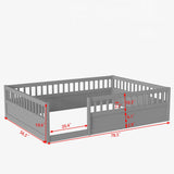 Wood Full Size Floor Bed Frame with Fence, Kids Beds Frame for Bedroom Playroom
