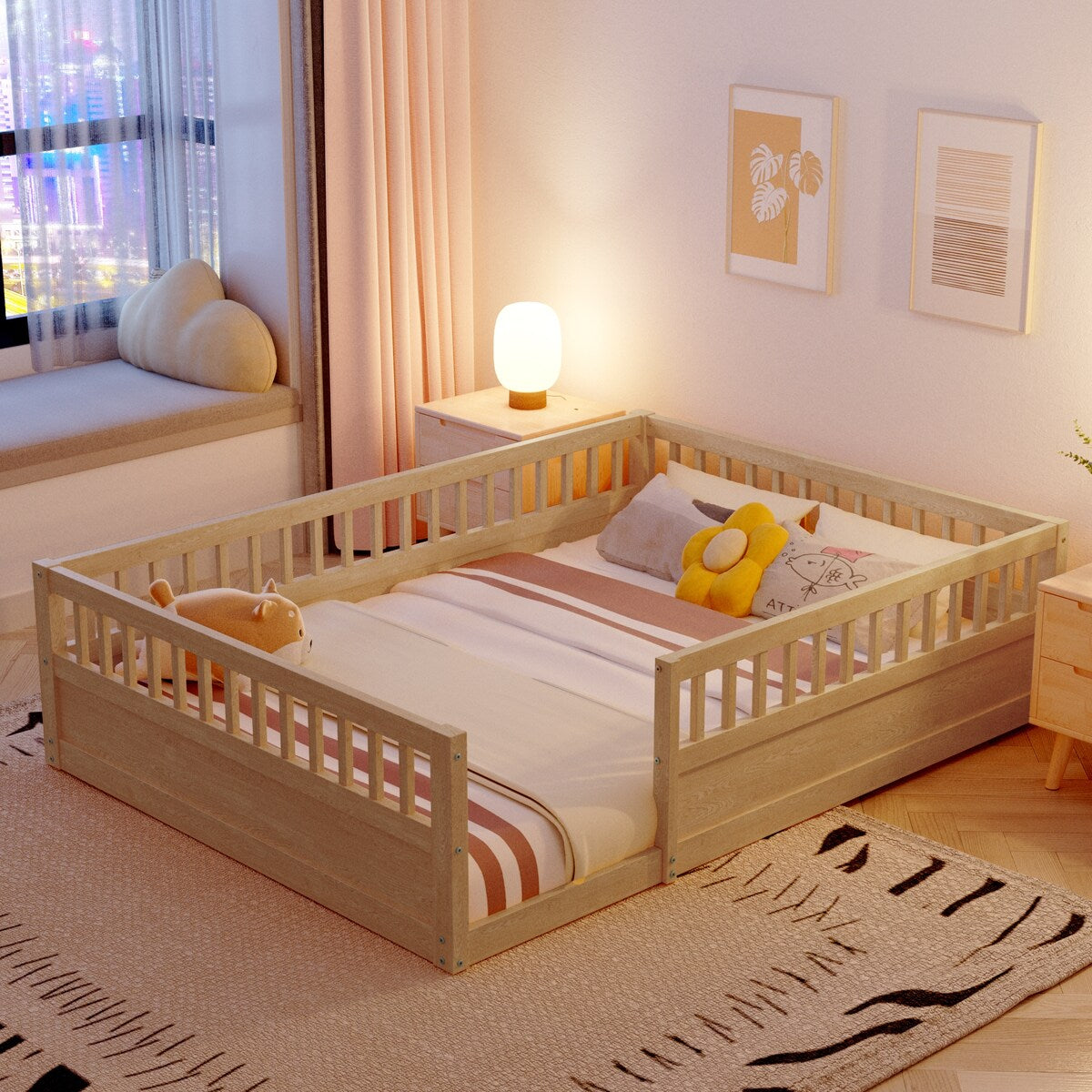 Wood Full Size Floor Bed Frame with Fence, Kids Beds Frame for Bedroom Playroom