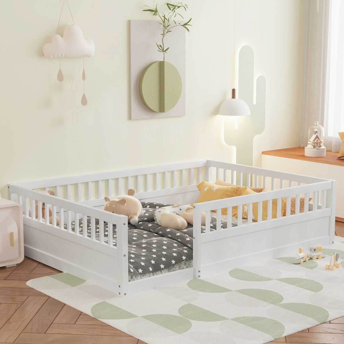 Wood Full Size Floor Bed Frame with Fence, Kids Beds Frame for Bedroom Playroom