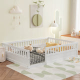 Wood Full Size Floor Bed Frame with Fence, Kids Beds Frame for Bedroom Playroom