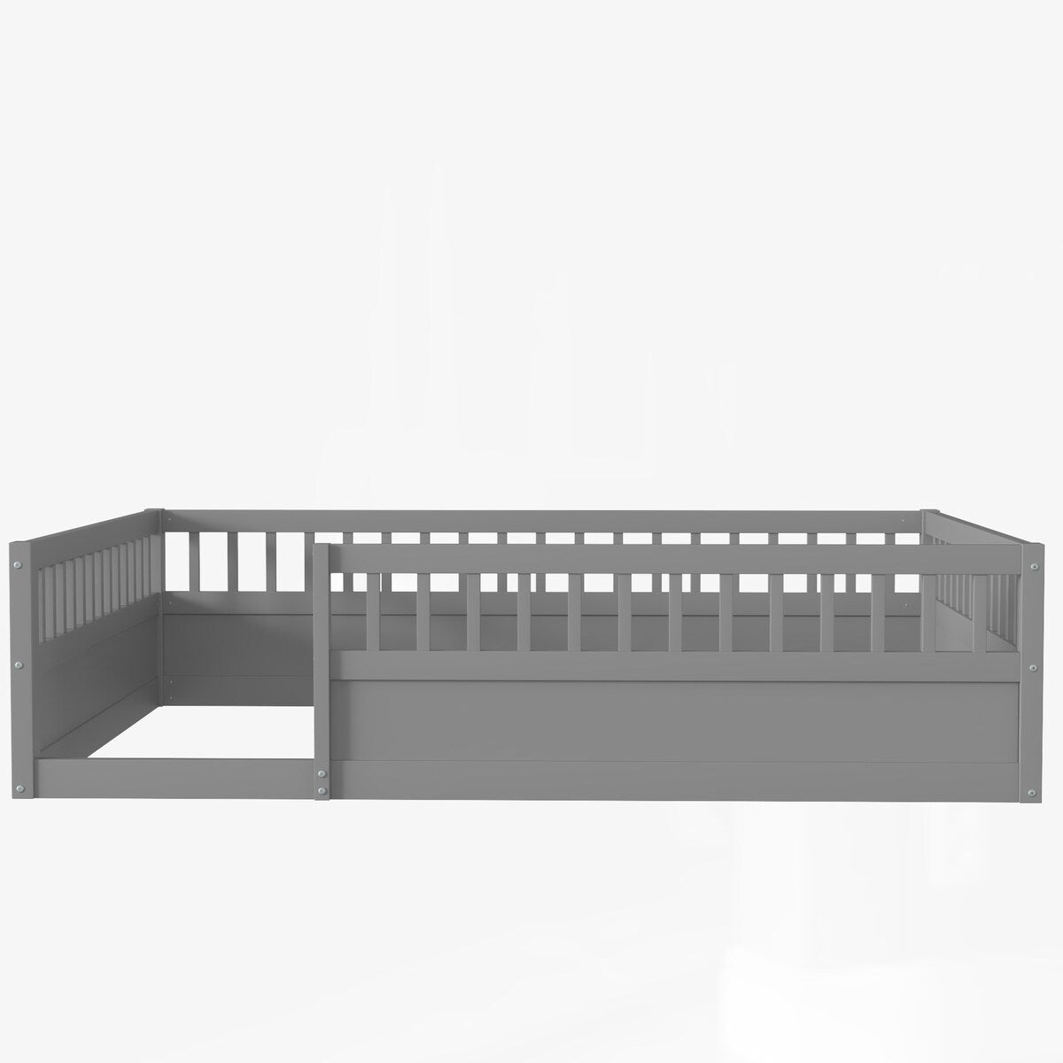 Wood Full Size Floor Bed Frame with Fence, Kids Beds Frame for Bedroom Playroom