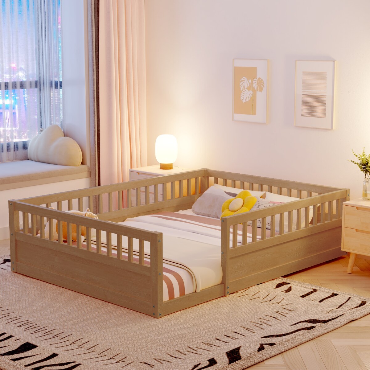 Wood Full Size Floor Bed Frame with Fence, Kids Beds Frame for Bedroom Playroom