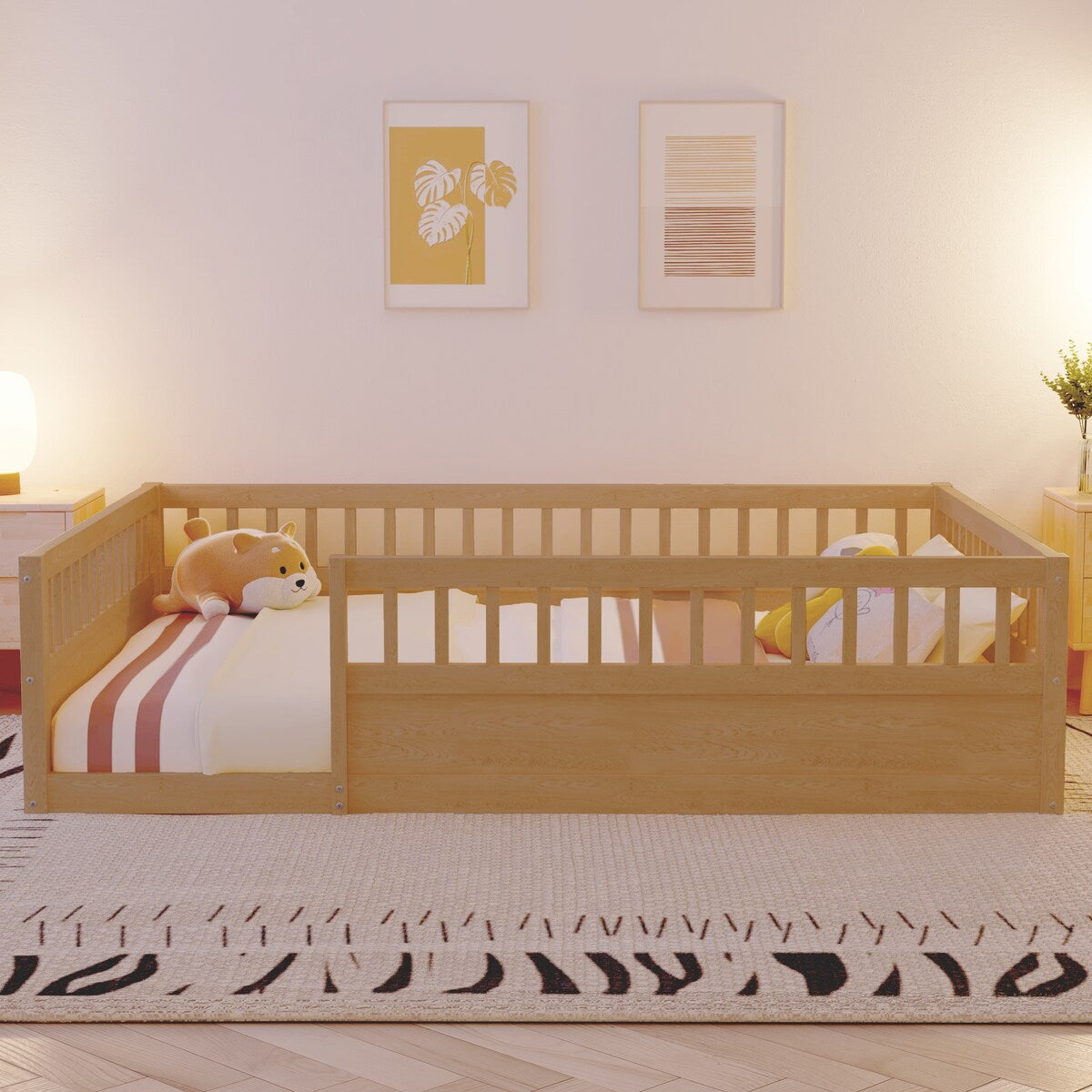 Wood Full Size Floor Bed Frame with Fence, Kids Beds Frame for Bedroom Playroom