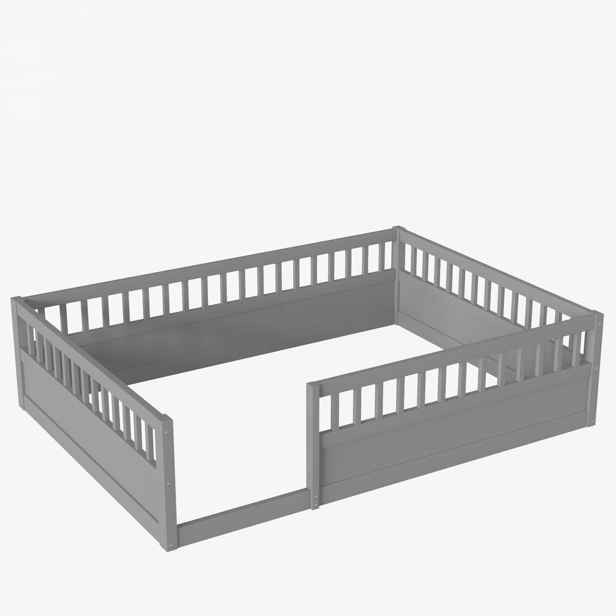Wood Full Size Floor Bed Frame with Fence, Kids Beds Frame for Bedroom Playroom