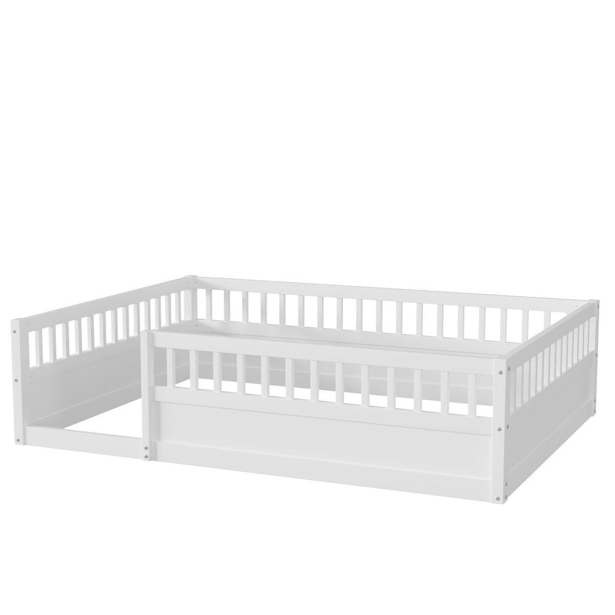Wood Full Size Floor Bed Frame with Fence, Kids Beds Frame for Bedroom Playroom
