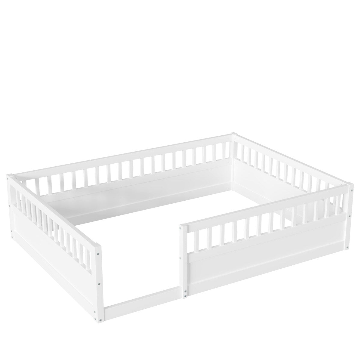 Wood Full Size Floor Bed Frame with Fence, Kids Beds Frame for Bedroom Playroom