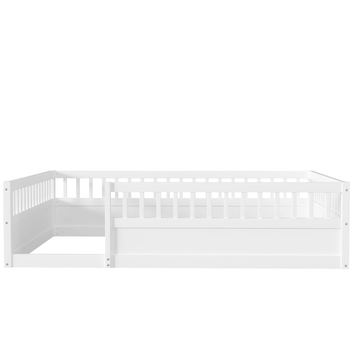 Wood Full Size Floor Bed Frame with Fence, Kids Beds Frame for Bedroom Playroom