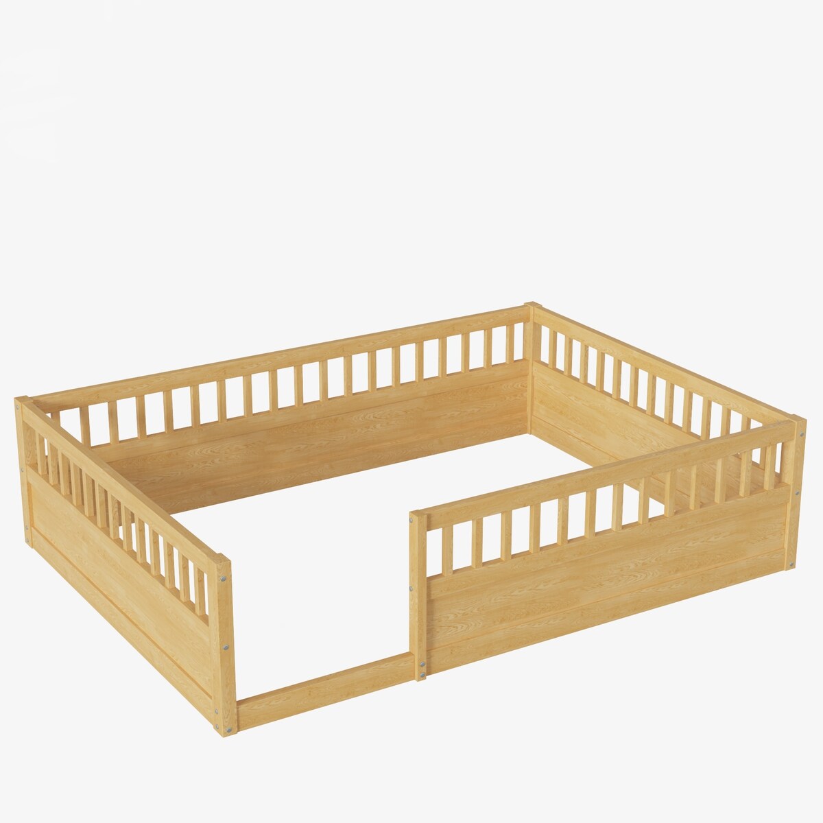 Wood Full Size Floor Bed Frame with Fence, Kids Beds Frame for Bedroom Playroom