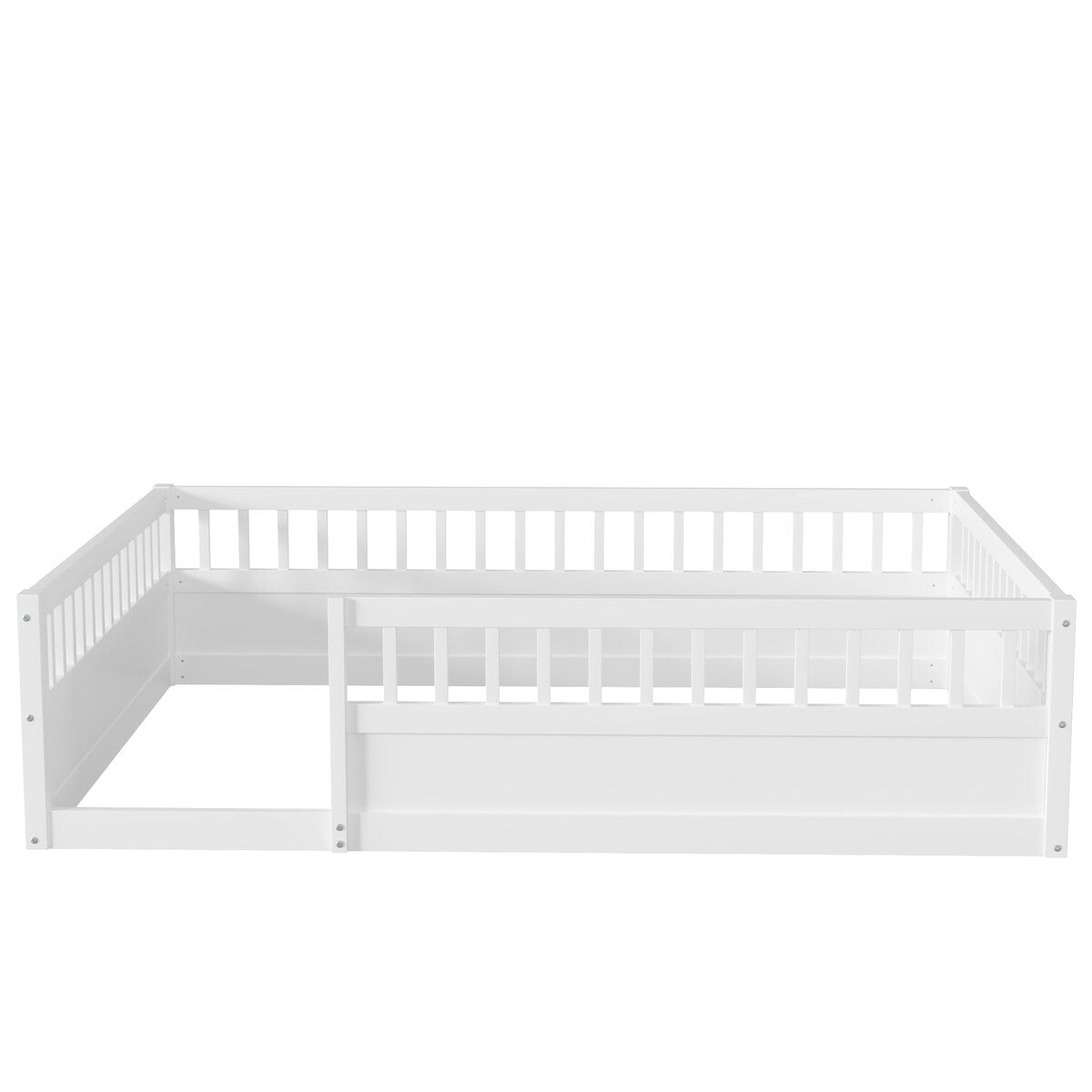 Wood Full Size Floor Bed Frame with Fence, Kids Beds Frame for Bedroom Playroom