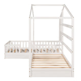 Wood House Bed Twin Size, 2 Twin Solid Bed L structure with Fence and Slatted Frame