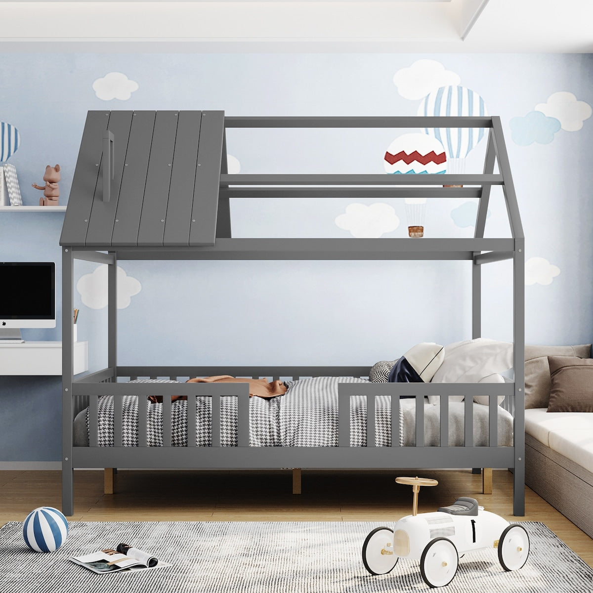 Wood House Bed with Fence