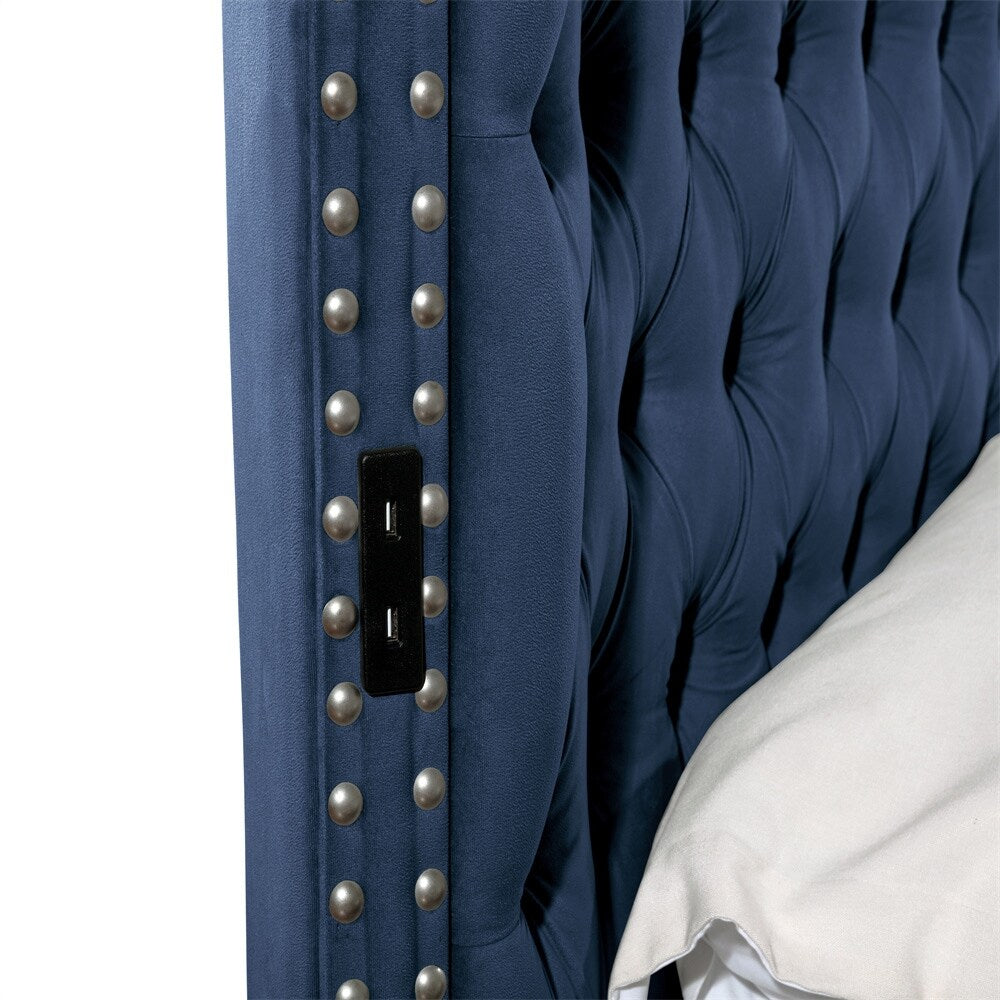 Wood King Bed Navy With Tufted Upholstered Velvet Fabric Headboard And Footboard Perfectly For Bedroom