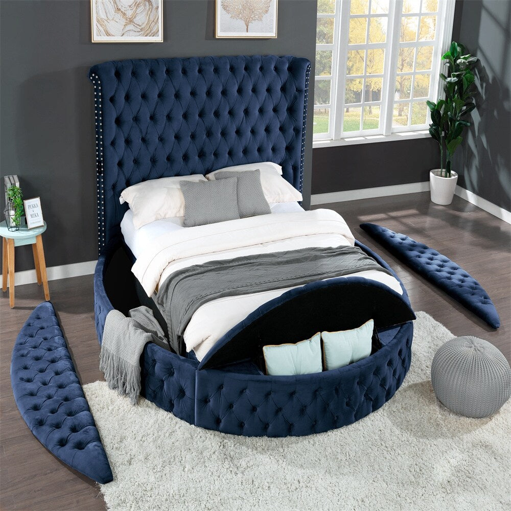 Wood King Bed Navy With Tufted Upholstered Velvet Fabric Headboard And Footboard Perfectly For Bedroom