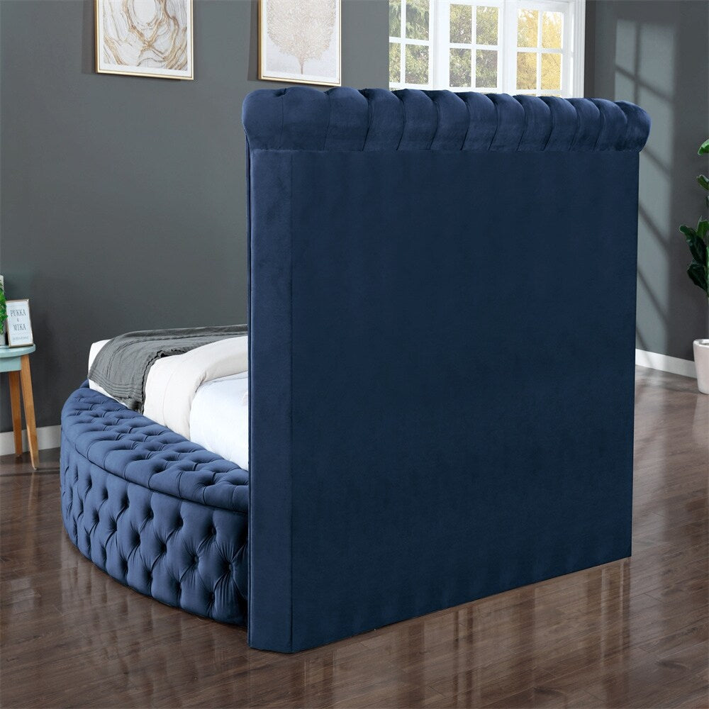 Wood King Bed Navy With Tufted Upholstered Velvet Fabric Headboard And Footboard Perfectly For Bedroom