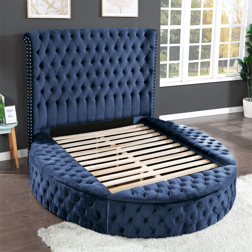 Wood King Bed Navy With Tufted Upholstered Velvet Fabric Headboard And Footboard Perfectly For Bedroom