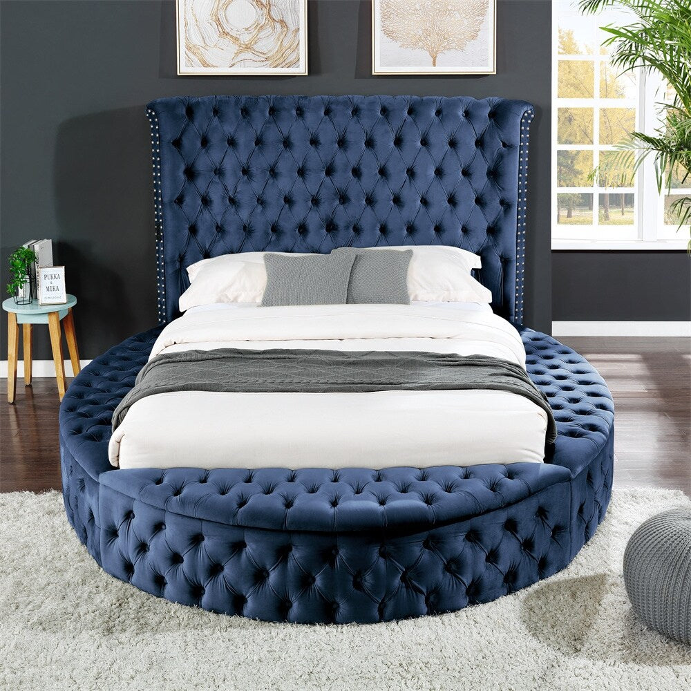 Wood King Bed Navy With Tufted Upholstered Velvet Fabric Headboard And Footboard Perfectly For Bedroom