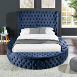 Wood King Bed Navy With Tufted Upholstered Velvet Fabric Headboard And Footboard Perfectly For Bedroom