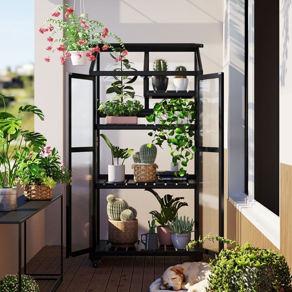 Wood Large Greenhouse Balcony Portable Cold Frame with Wheels and Adjustable Shelves