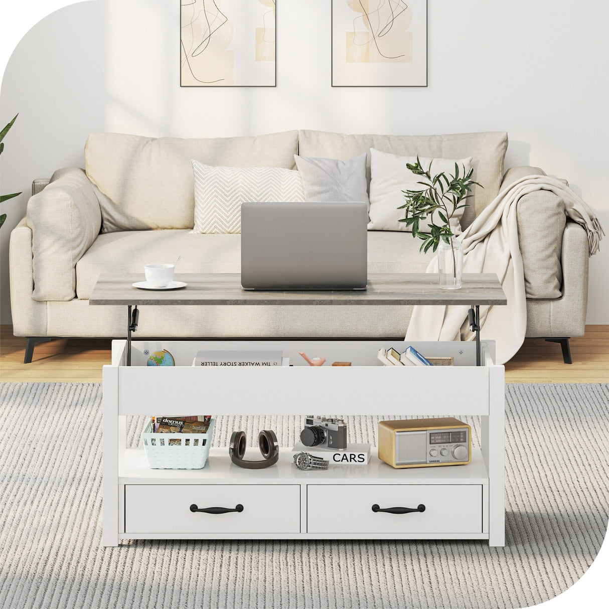 Wood Lift Top Coffee Table with Storage Shelf and Drawers