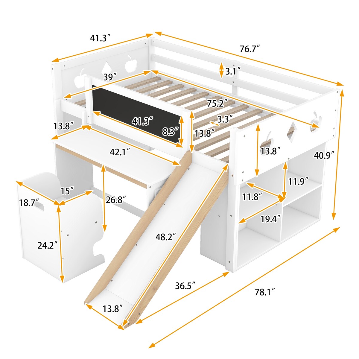 Wood Loft Bed with Slide