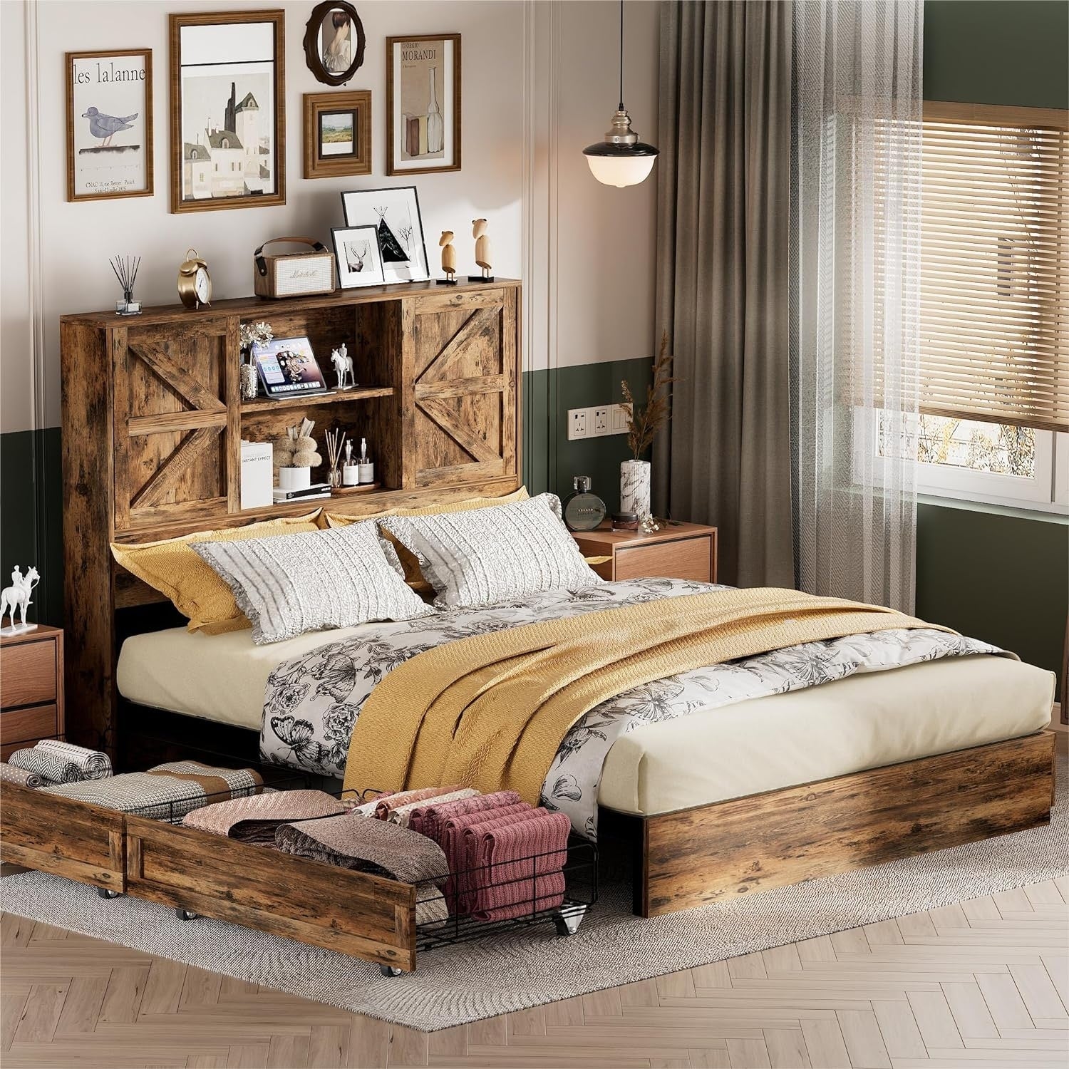 Wood Platform Bed Frame with Headboard Queen Size Bed Frames with Sliding Barn Door Bookcase Cabinets 4 Drawers