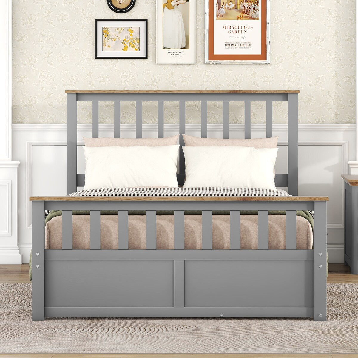 Wood Platform Bed with 2 Drawers and Wooden Slat Support