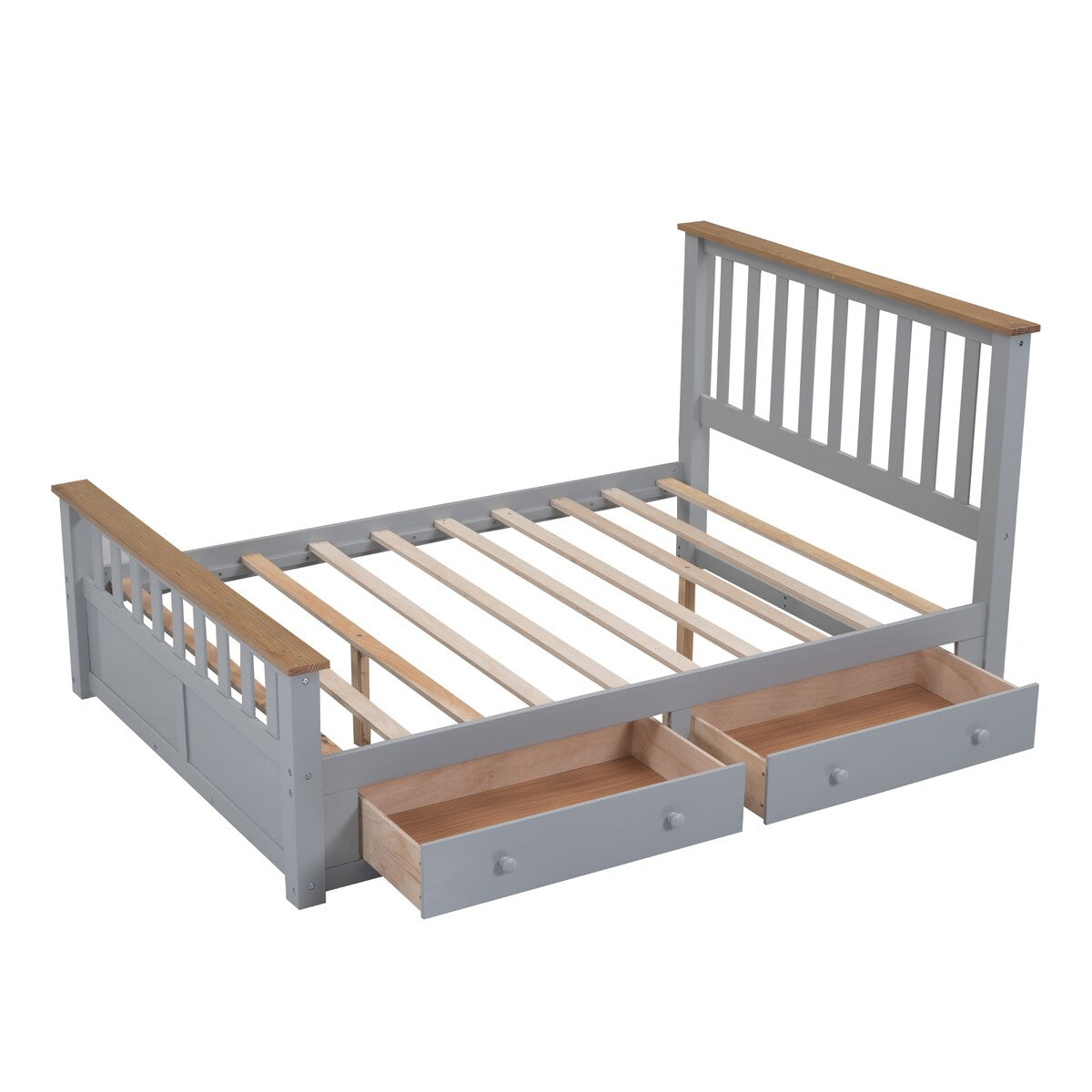 Wood Platform Bed with 2 Drawers and Wooden Slat Support
