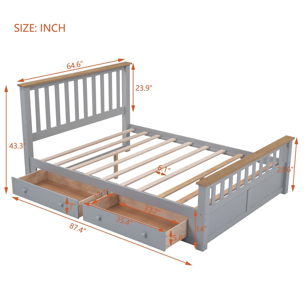 Wood Platform Bed with 2 Drawers and Wooden Slat Support