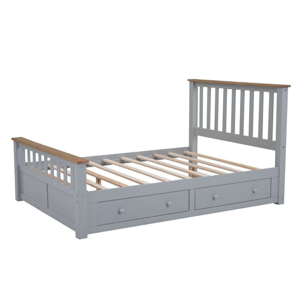 Wood Platform Bed with 2 Drawers and Wooden Slat Support