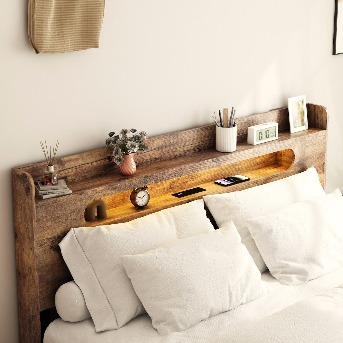 Wood Platform Bed with LED Light Headboard, 2 USB & Large Under Bed Storage