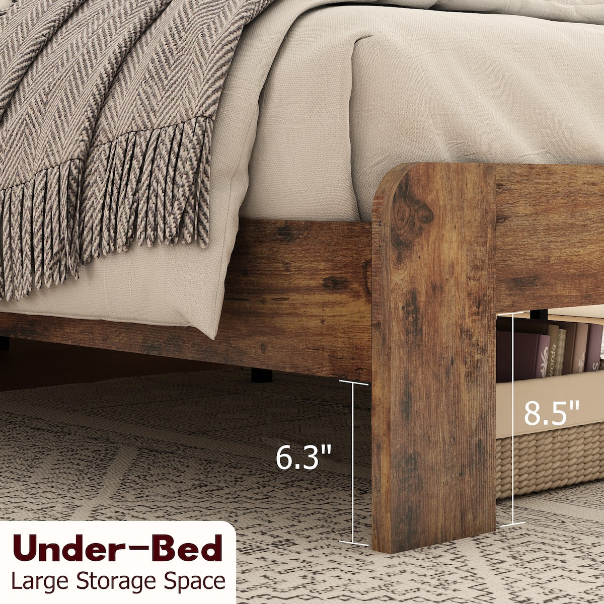 Wood Platform Bed with LED Light Headboard, 2 USB & Large Under Bed Storage