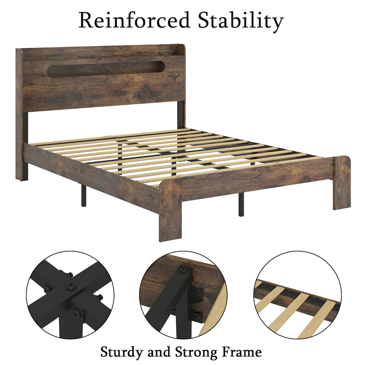 Wood Platform Bed with LED Light Headboard, 2 USB & Large Under Bed Storage